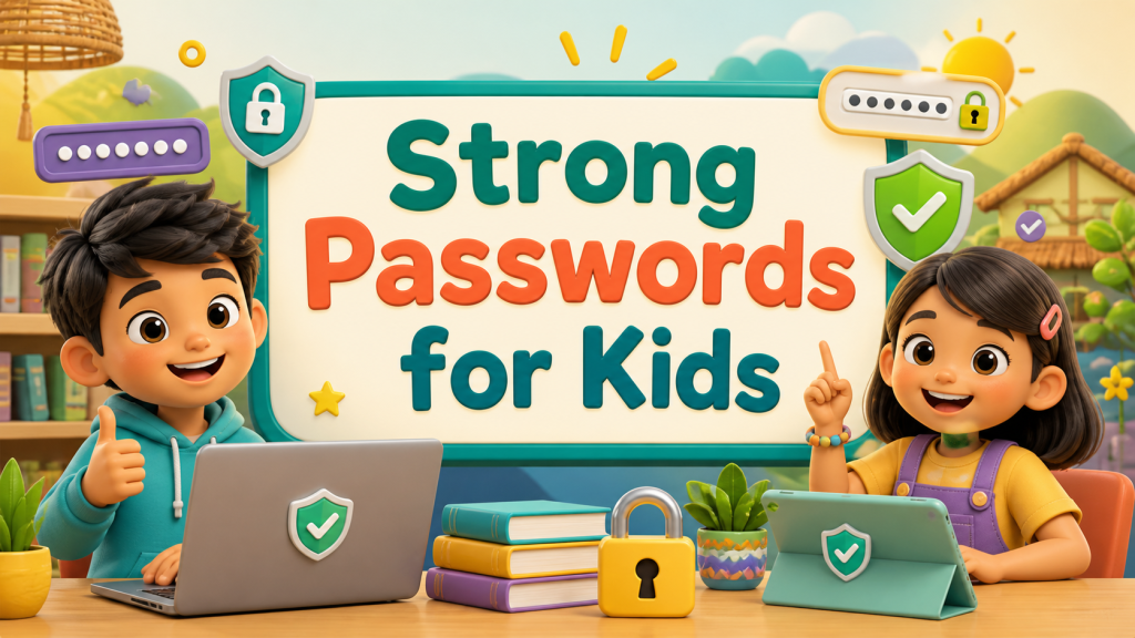 Illustration for Strong Passwords for Kids, showing children learning online safety with password, lock, and shield icons.